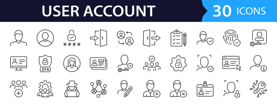 User Account Web Icon Set in Line Style. Collection of User profile Linear Icons, Including Profile, avatar, login, password, username, add friend, access, connect and more. Editable Stroke