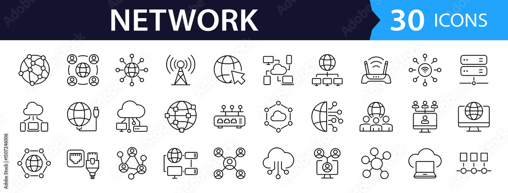 Aufkleber Network Web Icon Set in Line Style. Collection of Information Technology Linear Icons, Including connection, communication, technology, internet, IT, router, signal, wireless and more. Editable Stroke