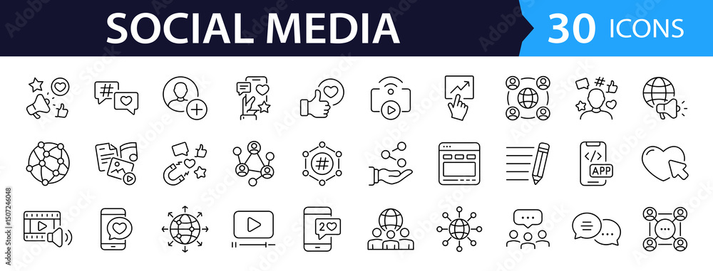 Poster Social Media Web Icon Set in Line Style. Collection of social network Linear Icons ,Including Like, share, blog, comment, media, website, content, business marketing and more. Editable Stroke