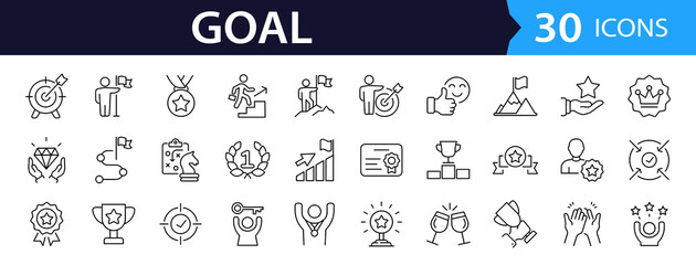 Fototapeta na wymiar Business goal Web Icon Set in Line Style. Collection of Success Linear Icons, Including process, target, aim, focus, human resource, strategy, winner, action plan, strategy and more. Editable Stroke
