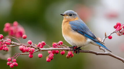 Fototapeta premium Bluebird perched on dogwood branch with vibrant red berries in natural setting