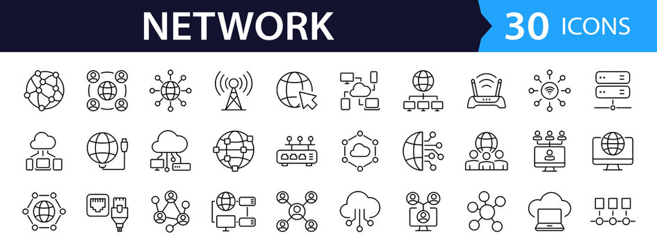 Network Web Icon Set in Line Style. Collection of Information Technology Linear Icons, Including connection, communication, technology, internet, IT, router, signal, wireless and more. Editable Stroke