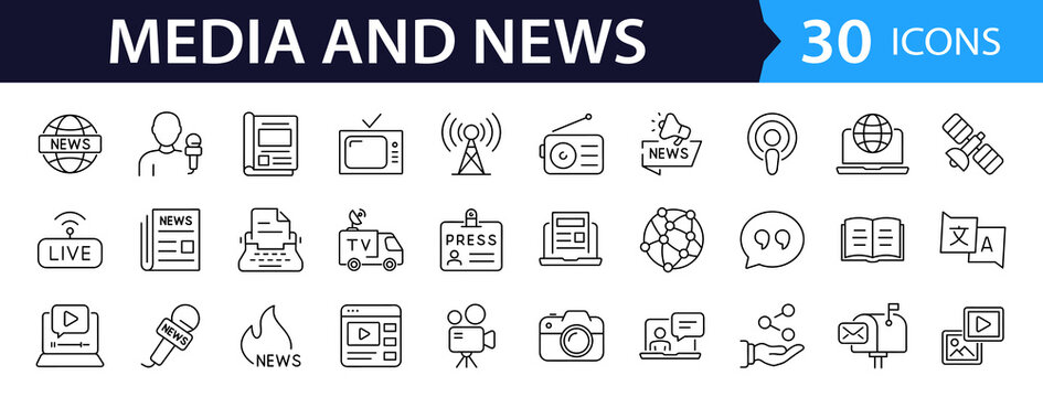 News media Web Icon Set in Line Style. Collection of Mass media Linear Icons, Including tv, radio, newspaper, magazine, news, broadcasting, press, interview, journalism and more. Editable Stroke