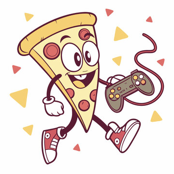Cartoon Pizza Slice Character Running with a Video Game Controller