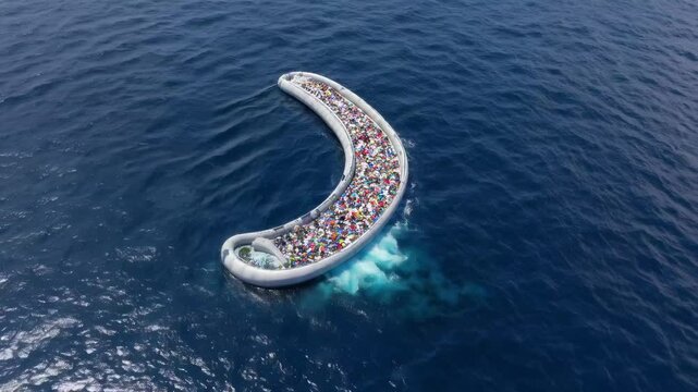 Aerial View: Massive Ocean Cleanup System in Action - Innovative Floating Barrier Corralling Plastic Waste for a Cleaner Future