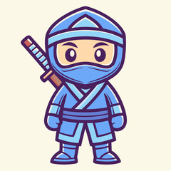 Cute Cartoon Ninja Character with Sword and Blue Outfit Illustration