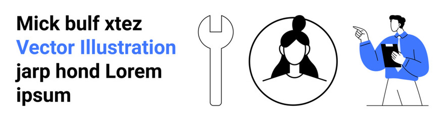 Large wrench tool, user profile icon with simple outline design, professional gesture. Ideal for teamwork, collaboration, user interface, profile setting, tool usage, instruction flow simple landing
