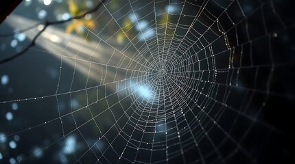 Close-up view of a spiderweb, its delicate strands shimmering with moisture.
