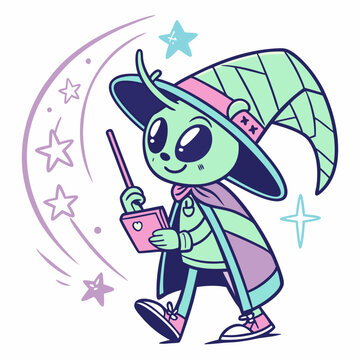 Cute Alien Wizard Casting a Spell with Stars and a Magic Book