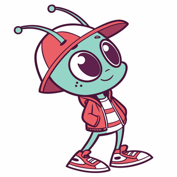 Cool Alien Character with Cap Jacket and Sneakers on a White Background