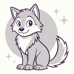 Cute Cartoon Wolf Sitting Comfortably with Smiling Expression and Stars Background