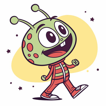 Cartoon Alien Walking with a Happy Expression and Stars Around Him