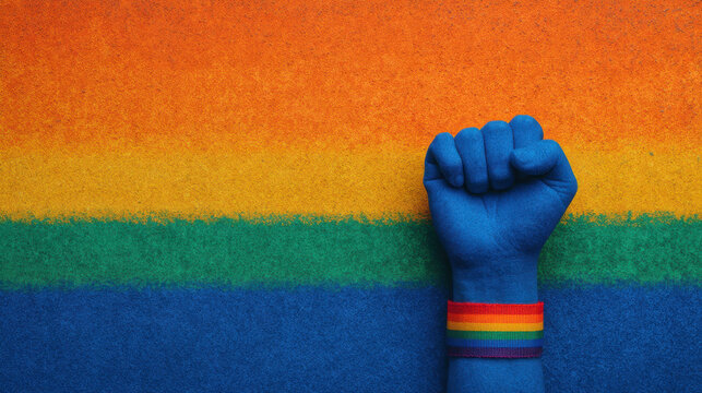 Closeup photo of hand painted blue, with rainbow pride bracelet, clenched into fist, against rainbow colored background