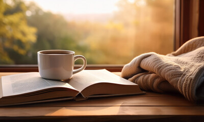 Cozy morning with coffee and book – warm lifestyle moment by the window
