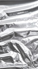 A close-up view of crinkled silver foil, showcasing its shiny, reflective surface with intricate folds and textures that catch the light beautifully.