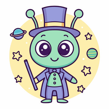 Cute Alien Magician with Top Hat Wand Planets and Stars Illustration