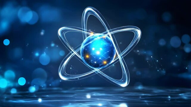 Blue background featuring a detailed atom structure with orbiting electrons and nucleus representation