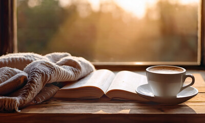 Cozy morning with coffee and book – warm lifestyle moment by the window