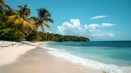 Tropical paradise beach scene with lush greenery.