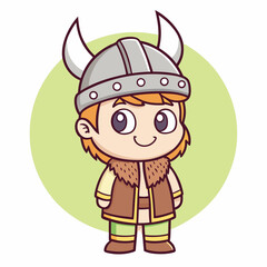 Cartoon Viking Boy with Horned Helmet and Fur Trimmed Vest Illustration