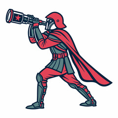 Red and Gray Astronaut Warrior Looking Through a Telescope with a Red Star