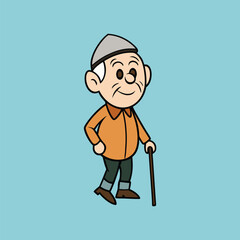 Fototapeta premium Elderly Cartoon Man with Walking Stick on Blue Background, Isolated, Wearing a Grey Cap and Orange Shirt. 