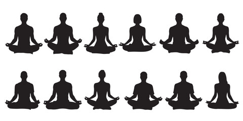 Silhouette of a Couple Meditating Under a Tree, Silhouette of Three People Meditating in Lotus Position, Silhouette of Man and Woman in Yoga Meditation Poses