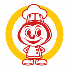 Cartoon Chef Mascot Character with Red Outline and Yellow Circle Background