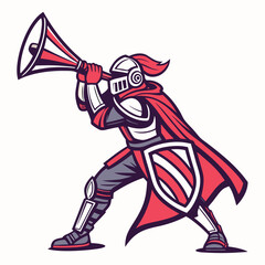 Red Knight Announcing with Megaphone Shield and Cape Standing in Attention