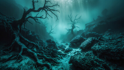 Underwater landscape with bare trees and rocky terrain. Light filters through the water, creating a mysterious and surreal atmosphere