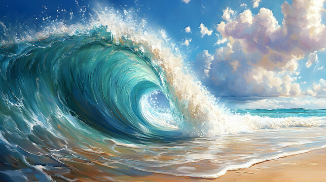Powerful ocean wave crashing on a sunny beach. - Powered by Adobe