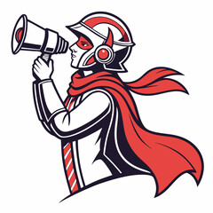 Retro Superhero Mascot with Megaphone and Cape in Red and White