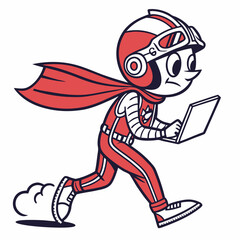Cartoon Superhero Running with Laptop Speed Technology and Determination Illustration