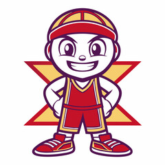 Cartoon Basketball Player Mascot with Hands on Hips and Star Background