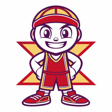 Cartoon Basketball Player Mascot with Hands on Hips and Star Background
