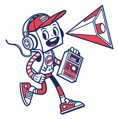 Retro Cartoon Character with Boombox and Megaphone Running with Enthusiasm