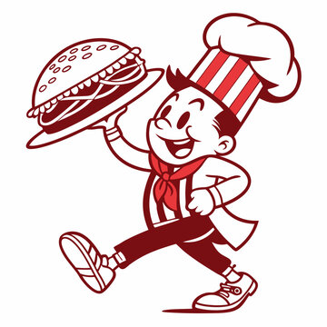 Cartoon Chef Serving a Large Burger on a Platter with a Smile