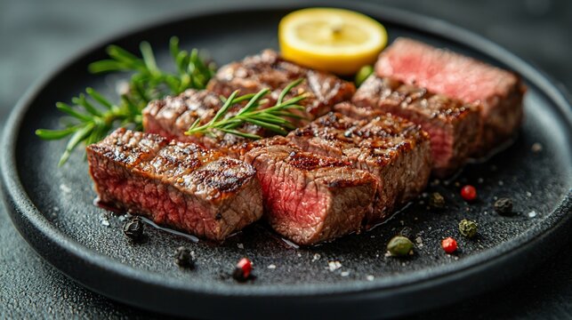 Grilled sliced steak, rosemary, lemon, and peppercorns on a black plate