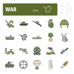Set of twenty military and war filled line style icons describing army power