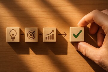 wooden cubes on a desk forming a linear progress path, with each block containing a carved symbol representing a stage of completion