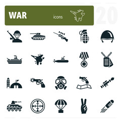 Military operation icons set featuring weapons and soldiers fighting