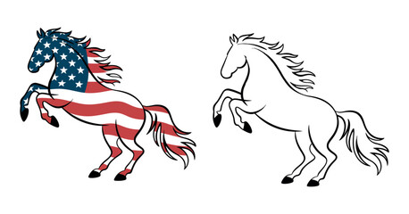 American Flag Horse Silhouette with Rearing Pose and Outline Version Patriotic Symbol of Freedom and Strength Vector Illustration on White Background
