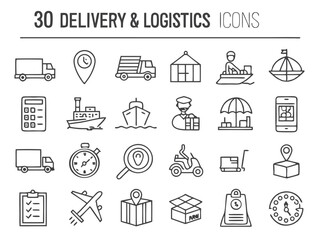 Fototapeta premium Delivery and Logistics Icon Set – Clean Black and White Line Art for Shipping and E-commerce