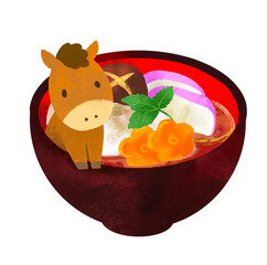 午年　お雑煮と馬のかわいいイラスト