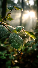 Dew-kissed leaves glisten in the morning sun, a serene forest scene awash with golden light and natural beauty.