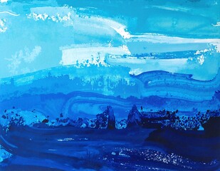 A vibrant abstract painting featuring swirling shades of blue and white, creating a dynamic interplay of color and texture that evokes a sense of calm.