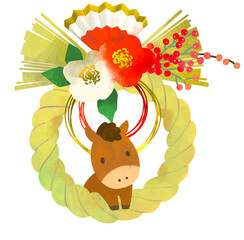 午年　しめ縄　しめ飾りと馬のかわいいイラスト