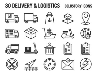 Delivery and Logistics Icon Set – Clean Black and White Line Art for Shipping and E-commerce