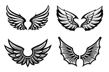 Obraz premium Diverse Wing Designs: Angelic, Decorative, and Bat-like Feathered Illustrations in Black and White for Various Graphic Applications 