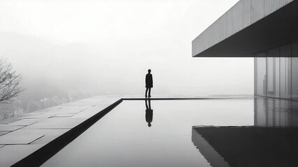 Solitary figure standing by a reflective pool at a minimalist modern architecture site